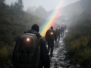 Travelers Following a Holographic Map on a Rainy Day Pilgrimage Trail with Rainbow Reflections