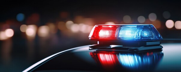 Close-up of a police car light bar with flashing red and blue lights at night, capturing a sense of urgency and law enforcement.