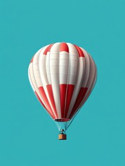 Naklejka premium A red and white hot air balloon is floating in the sky. The balloon is the main focus of the image, and it is a symbol of freedom and adventure. The blue sky in the background adds a sense of openness