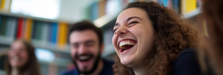 Obraz premium A group of individuals engrossed in studying within a library setting, with colorful bookshelves in the background, emphasizing a focus on education and learning.