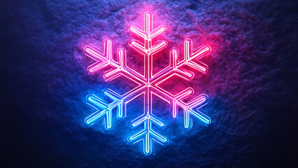 A glowing pink and blue neon snowflake in a smoky background.
