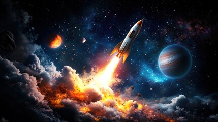 A rocket is flying through space with a planet in the background. The rocket is leaving a trail of smoke and debris behind it. The scene is filled with a sense of adventure and exploration