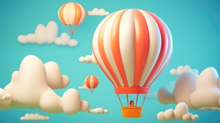 A cartoon hot air balloon with a person inside floats amongst white clouds on a blue sky.