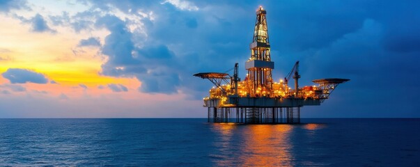 Dramatic sunset over an offshore oil rig, showcasing advanced technology and the beauty of marine energy exploration.
