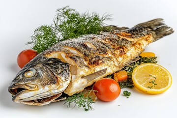 Barramundi, A type of fish native to Australian waters, often grilled, baked, or fried, and served with a variety of sauces and sides, Isolated on White Background