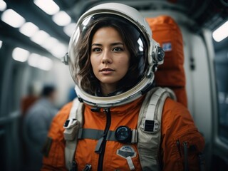 Portrait of a female astronaut in a protective space suit