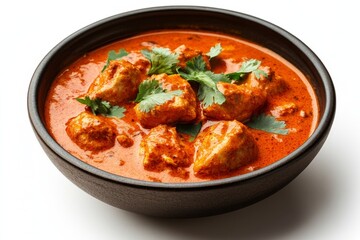 Butter Chicken, A creamy, tomato-based curry with tender pieces of chicken, flavored with a blend of spices and typically served with naan or rice. Isolated on White Background