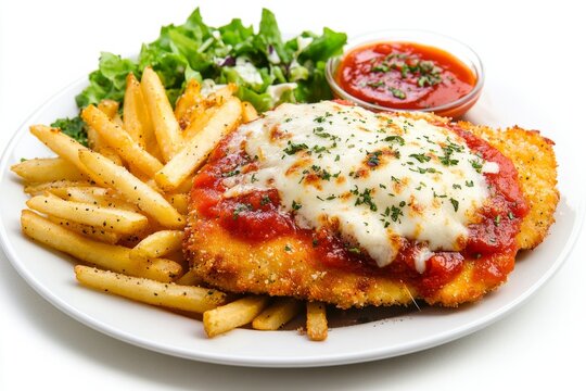 Chicken Parmigiana, A breaded chicken schnitzel topped with tomato sauce and melted cheese, often served with chips (fries) and a side salad. Isolated on White Background