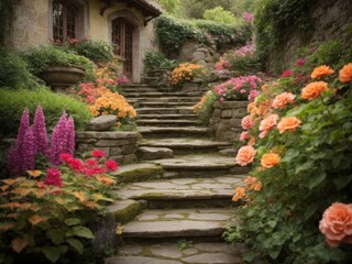 old stone staircase surrounded by a lush garden