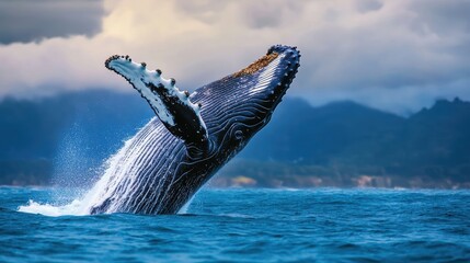 A whale is leaping out of the water, with its tail flapping in the air. The scene is serene and peaceful, with the whale's movements creating a sense of freedom and grace