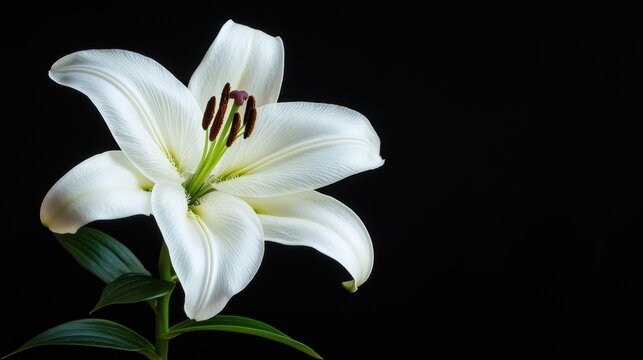 A white flower with a black background. The flower is the main focus of the image. The black background creates a sense of contrast and emphasizes the beauty of the flower
