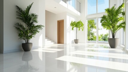 Fototapeta premium Modern Minimalist Luxury Living Room with Natural Light, showcasing bright white walls, large windows, sleek flooring, and lush green plants for a serene and sophisticated atmosphere.