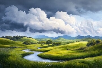 Obraz premium A painting of a river running through a grassy field with a cloudy sky in the background. The mood of the painting is serene and peaceful, with the river