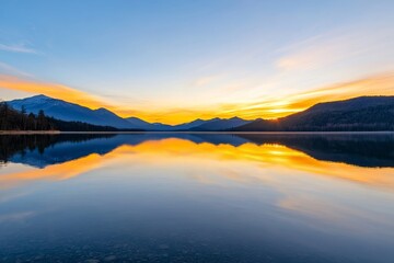 Fototapeta premium Mountain Lake Sunset Reflection, serene landscape with vivid colors reflecting in the water, showcasing tranquility, nature, mountains, water, and sunset.