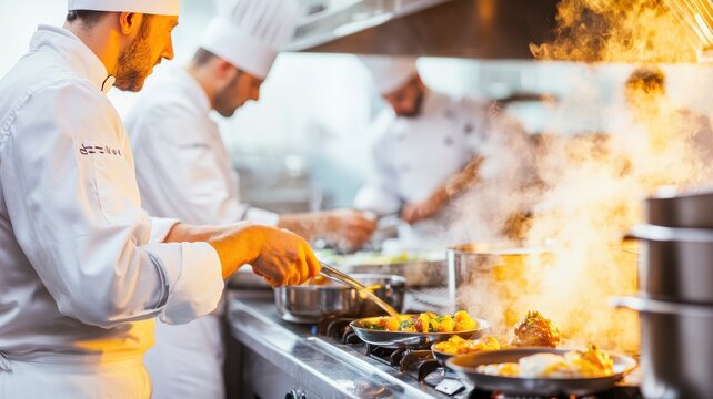 Professional chefs cooking in a busy kitchen, showcasing culinary skills and vibrant dishes in action.
