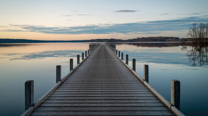 A photo of a long, wooden pier extending into the calm, tranquil waters of a serene lake. The pier is lined with wooden posts. The sky is clear, with a few clouds, and the trees on the distant shore