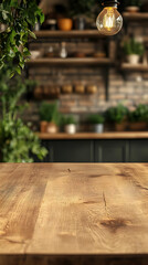 Empty Wooden Table Background With Blurry Kitchen Interior