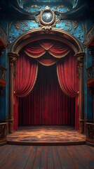 Illustration of Red Velvet Curtains on Stage in Ornate Theater