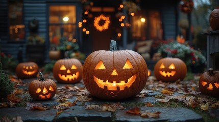 Fototapeta premium Twilight Pumpkin Carving: Festive Jack-o-Lanterns with Intricate Designs in Cozy Backyard Ambiance