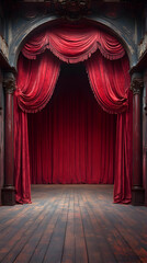 Empty Theatre Stage Realistic Photo With Red Velvet Curtain, Wooden Floor, And Ornate Details