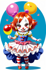 Playful scary Chibi Clown with Balloon Full-Body Illustration