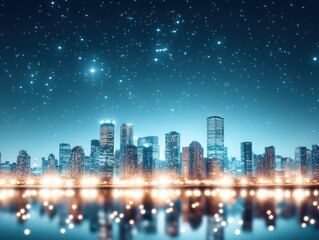 Stunning night skyline view with twinkling stars and glowing city lights reflected on water, creating a serene urban atmosphere.