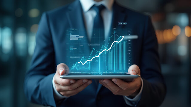 Business man holding tablet and showing holographic graphs and stock market statistics gain profits business strategy Banking and finance stock market achieving investment goals