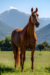 Obraz premium Majestic Brown Horse in a Serene Meadow with a Picturesque Natural Backdrop