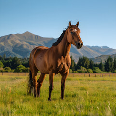 Obraz premium Majestic Brown Horse in a Serene Meadow with a Picturesque Natural Backdrop