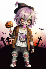 Playful Chibi Zombie with Halloween Lollipop Full-Body Illustration