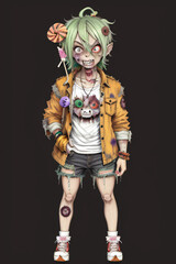 Playful Chibi Zombie with Halloween Lollipop Full-Body Illustration