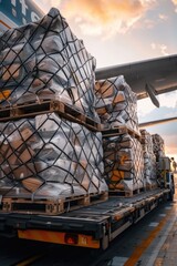 At the airport, cargo planes are loading and unloading goods