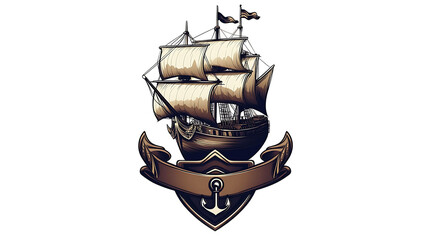 A vintage-style illustration of a sailing ship with an anchor, surrounded by a shield and banner.