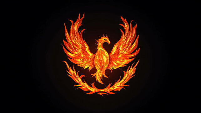 Fiery phoenix bird illustration on black background.