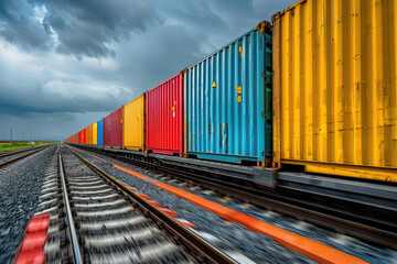 Fototapeta premium On the railway, trains carrying goods pass quickly