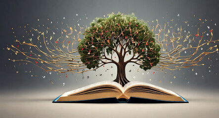 Naklejka premium Abstract concept of knowledge as a growing tree with roots made of binary code. The branches bloom into books and digital icons, symbolizing the merging of traditional knowledge with digital tech.