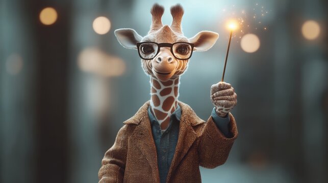 A whimsical giraffe wearing glasses and a coat, holding a sparkler, evoking a sense of wonder and creativity in a magical atmosphere.