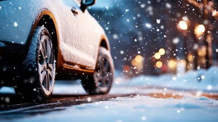 Snowy winter scene featuring a white car with black tires, glowing street lights, and falling snowflakes creating a magical atmosphere.