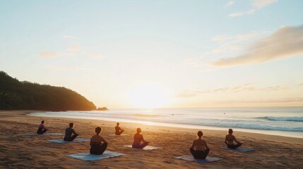 Sunrise Yoga on Tranquil Beach with Diverse Participants in Peaceful Morning Light
