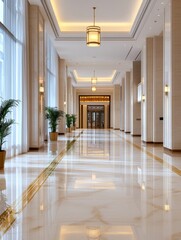 Step into a world of elegance and comfort with this luxurious hotel entrance. The polished marble floors, grand chandeliers, and sophisticated decor set the stage for an unforgettable experience.