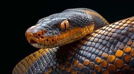 Stunning close-up of a python showcasing its distinct scales and vivid coloration in a captivating design. A symbol of beauty, nature, and wildlife.