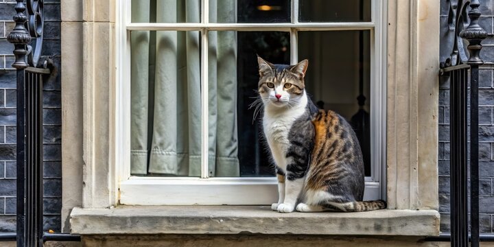 10 Downing Street Chief Mouser cat sitting on window sill, feline, government, residence, historic, prestigious, famous