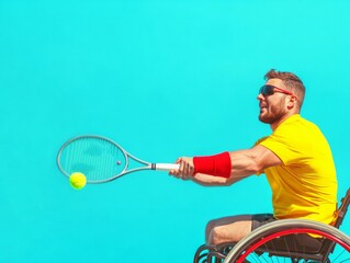 Dynamic Action Shot of Male Wheelchair Tennis Player Against Vivid Blue Background