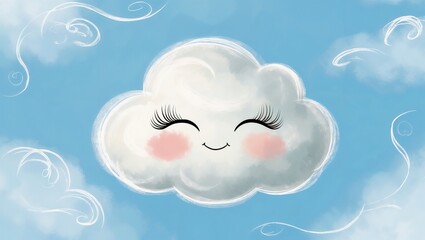 Whimsical cloud with eyelashes and rosy cheeks against a blue sky.