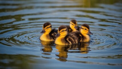 Four little ducklings swimming together in a pond.