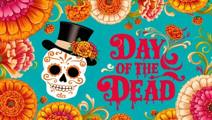 Colorful illustration celebrating Day of the Dead with floral skull and elegant script.