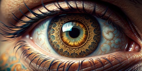 Close up of detailed human eye with intricate patterns and reflections, eye, vision, close-up, macro, pupil, iris
