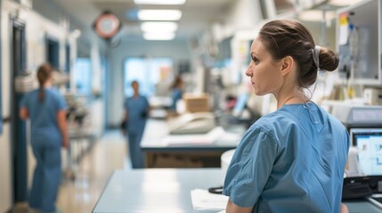 A clean and organized nurse station with nurses preparing for their shifts.