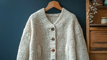 White knitted cardigan hanging on wooden hanger against a dark blue wall.
