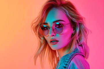  Stylish young woman with blonde hair and round sunglasses on colorful gradient background